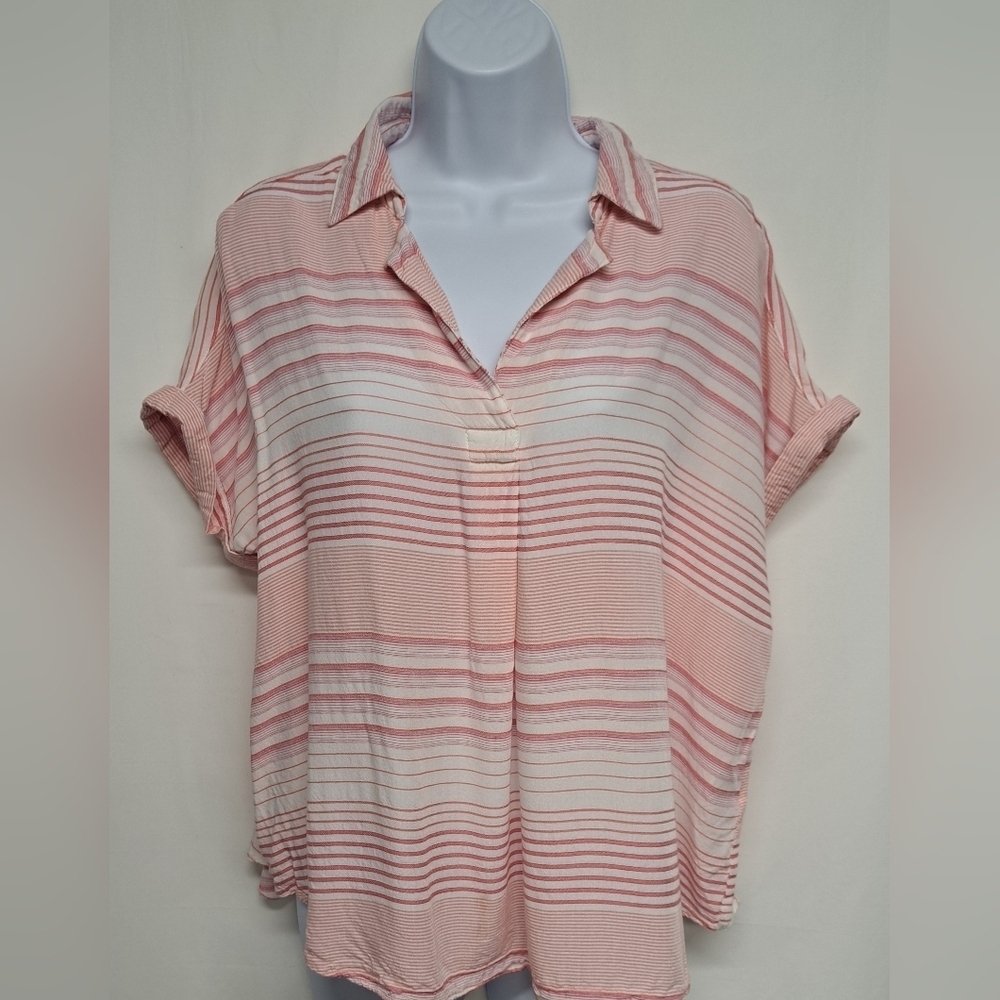 Jane & Delancey M Pink White Rayon Top Striped Short Cuffed Sleeve Pullover